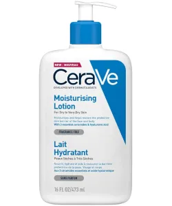 CeraVe Moisturizing Lotion: A 24-hour hydrating body and face moisturizer formulated for normal to dry skin types. This non-comedogenic, oil-free, and fragrance-free lotion contains hyaluronic acid and ceramides. Available in a 16 oz (473 ml) bottle.