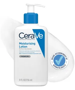 CeraVe Moisturizing Lotion: A 24-hour hydrating body and face moisturizer for normal to dry skin types. Formulated with hyaluronic acid and ceramides, it is non-comedogenic, oil-free, and fragrance-free. Available in an 8 oz (236 ml) bottle.