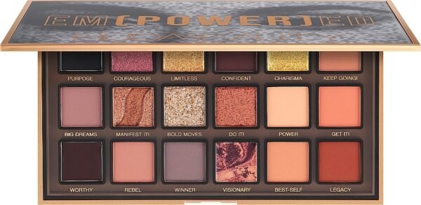 Huda Beauty Empowered Eyeshadow Palette open with 18 shades”