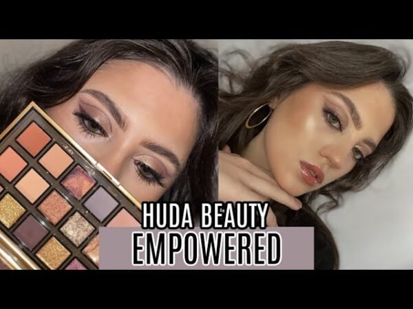 Huda Beauty Empowered Eyeshadow Palette open with 18 shades”